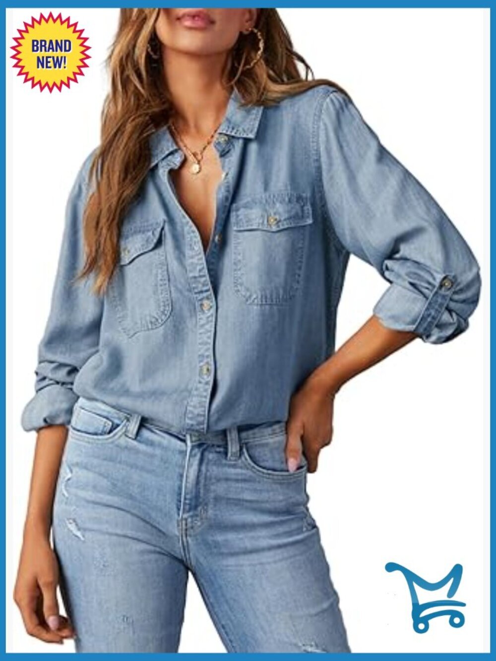 Women's Button Down Denim Shirt Long Sleeve V Neck Chambray Blouse Top